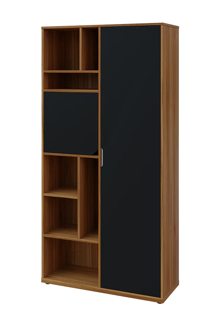 KSR6-83 P skříň šatní, 1x výsuvné ramínko, dvířka, niky, 2053x1022x400 mm, provedení pravé, ořech světlý/černá